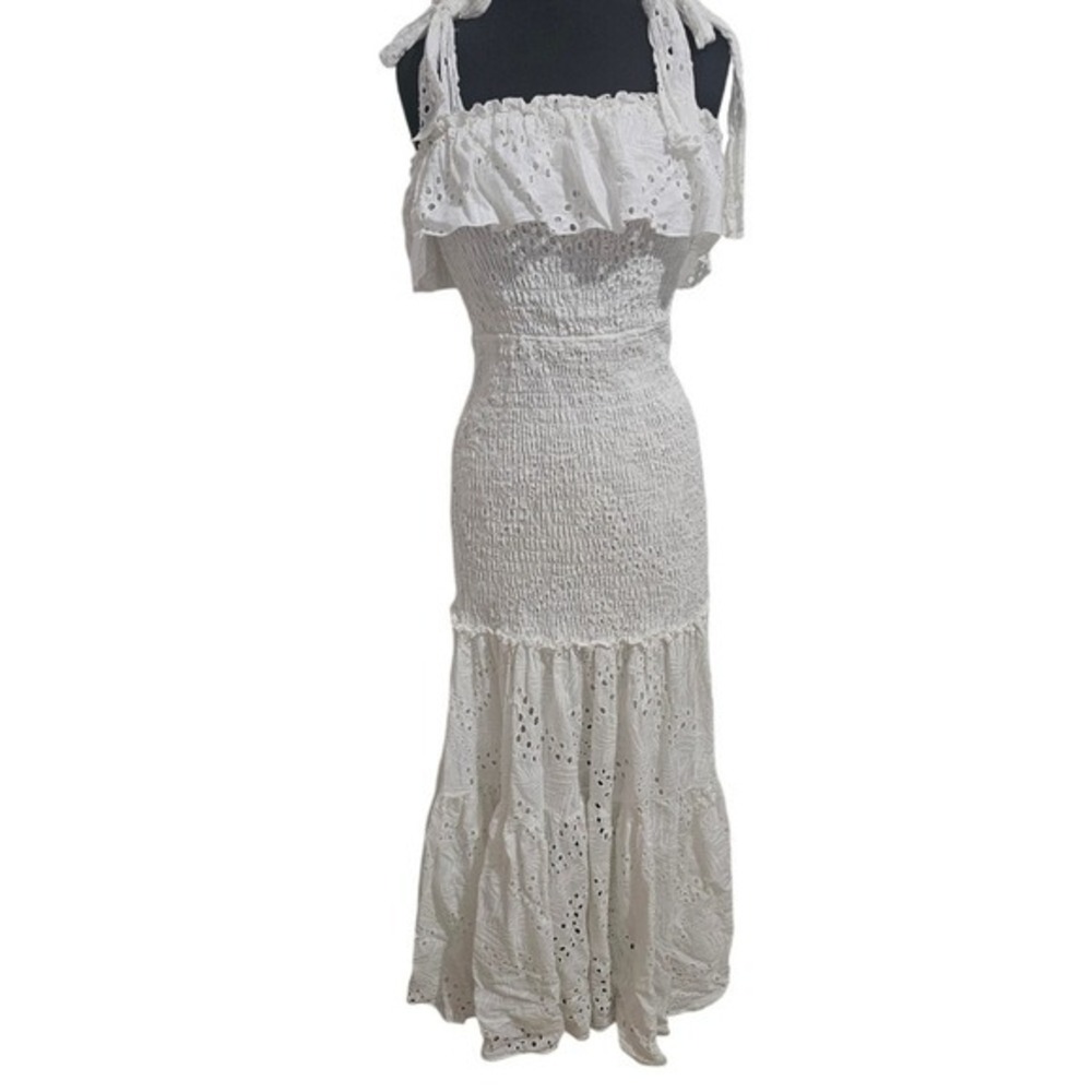 White Cottagecore Long Dress ruffle top Elastic Ruched Bodice Sleeveless L